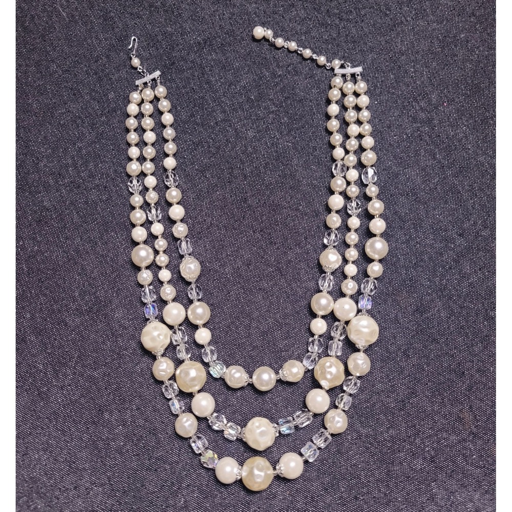 Vintage 50s‎ 60s Beaded Necklace Pearl Crystal Japan Layered 3 Strand